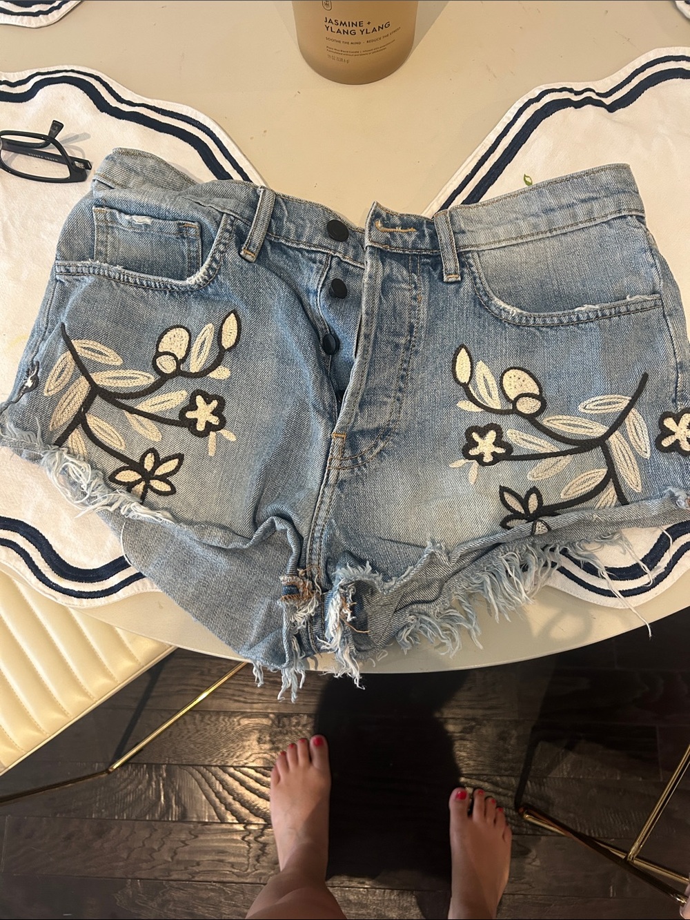 Embroidered Light Blue Denim Shorts - Floral Accent